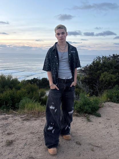 Slanted Double-Waist Black Denim