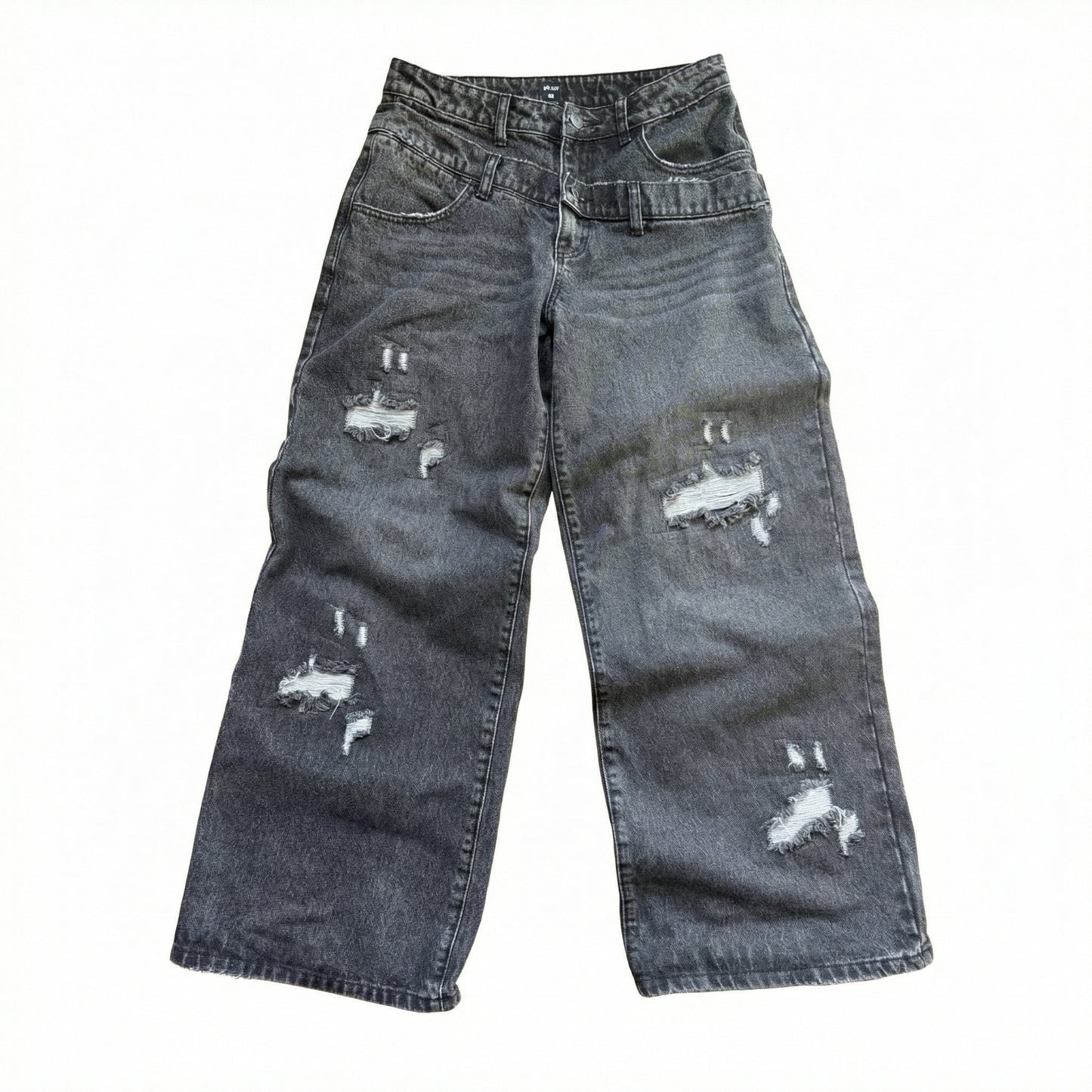 Slanted Double-Waist Black Denim
