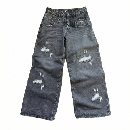 Slanted Double-Waist Black Denim