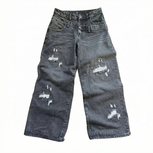 Slanted Double-Waist Black Denim